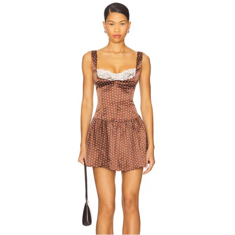 NWT Frankie’s Bikinis Enchantment Sateen Mini Dress in Chocolate Dot